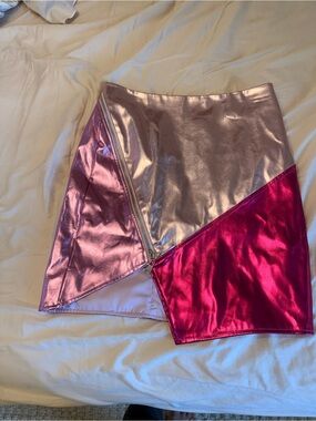 Metallic Pink Colorblock Mini Skirt with Diagonal Zip